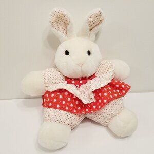 Vintage White Fluffy Bunny Plush with Red Heart Dress Apron Polka Dot Bottoms